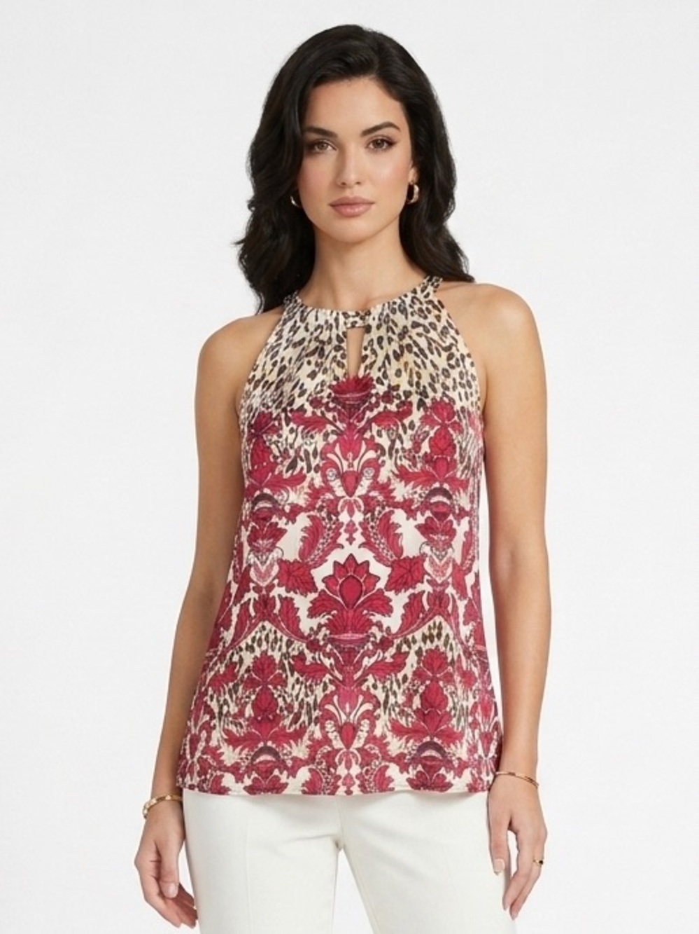 WHBM Animal Red Baroque Fleur De Lis Stretch Silk Tank Top Size 2 NWOT $84
